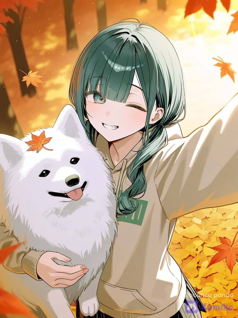 [soft-pastel-style], highest quality, cinematic illustration, hyper-award-winning anime art, sharp line art, 8k resolution, 1girl, solo, selfie, upper body shot, high-angle view, from above, closeup, looking at viewer, wink, cheerful expression, playful smile, soft blush, long mint-green hair, soft wavy twin-tails, large decorated hair claw clip, cozy streetwear aesthetic, oversized beige hoodie, thick fabric folds, drawstring, pleated plaid skirt, holding large animal, massive fluffy samoyed dog, happy dog, thick white fur texture, dog hugging girl, autumn park background, golden hour, deep bokeh, warm sunset light, sunbeams, falling golden maple leaves, swirling wind, rim lighting, lens flare, warm color palette, amber and mint accents, soft shadows