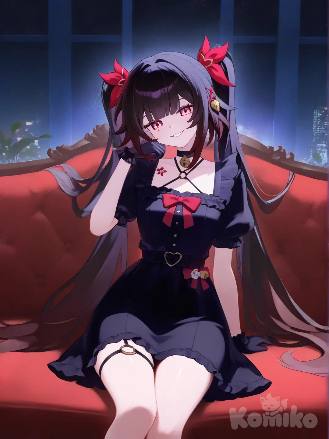 Sparkle wear black dress in the mansion at night sitting on sofa.