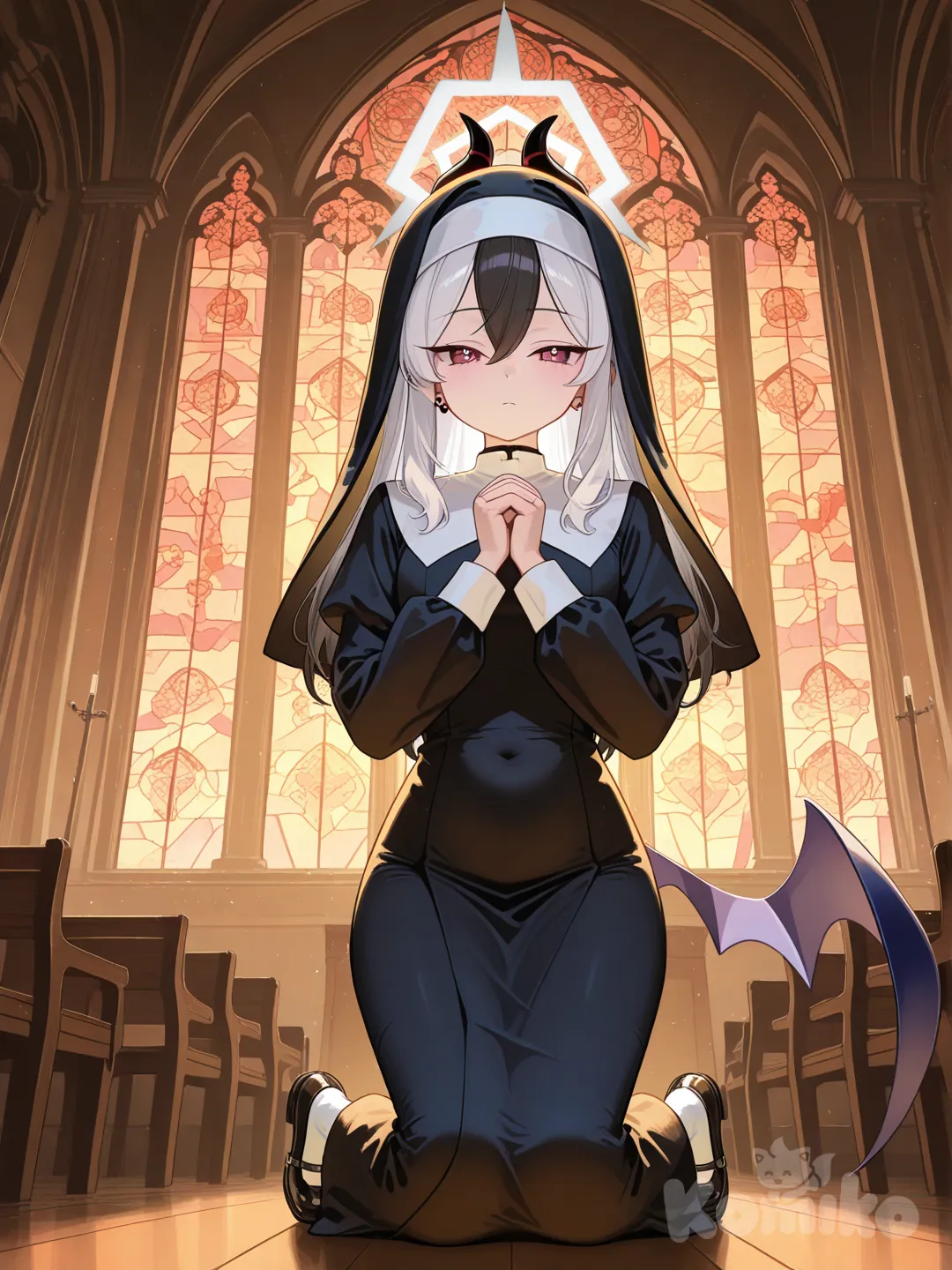 nun kayoko (blue archive) kneeling in the church, twilight, ambient light,