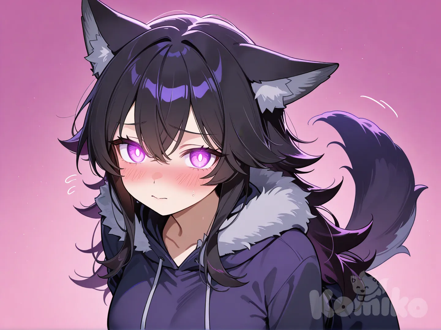 female shy black wolf with long hair and bright purple eyes and big breasts and blushing
