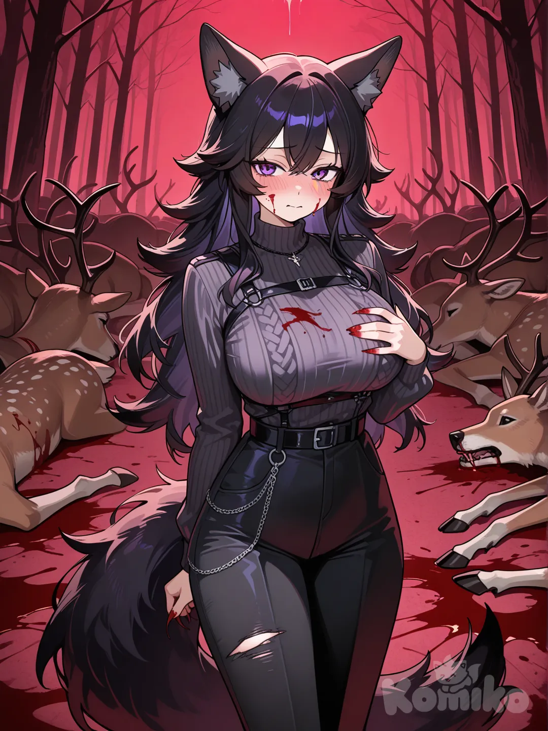 female shy black wolf with long hair and bright purple eyes and big breasts, big fluffy tail ripping apart a deer in a surrounded by gore. heavy blushing. hand on breast