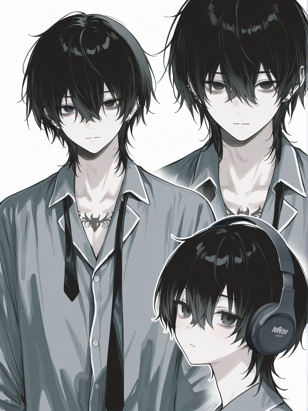 [soft-pastel-style] demon, teenager, muscular, tall, short_hair, black_hair, black_eyes, tattoo, freckles, pale_skin, shiny_skin, pajamas, headphones, tie, earrings, cartoon, solo, full_body, looking_at_viewer, simple_background, white_background