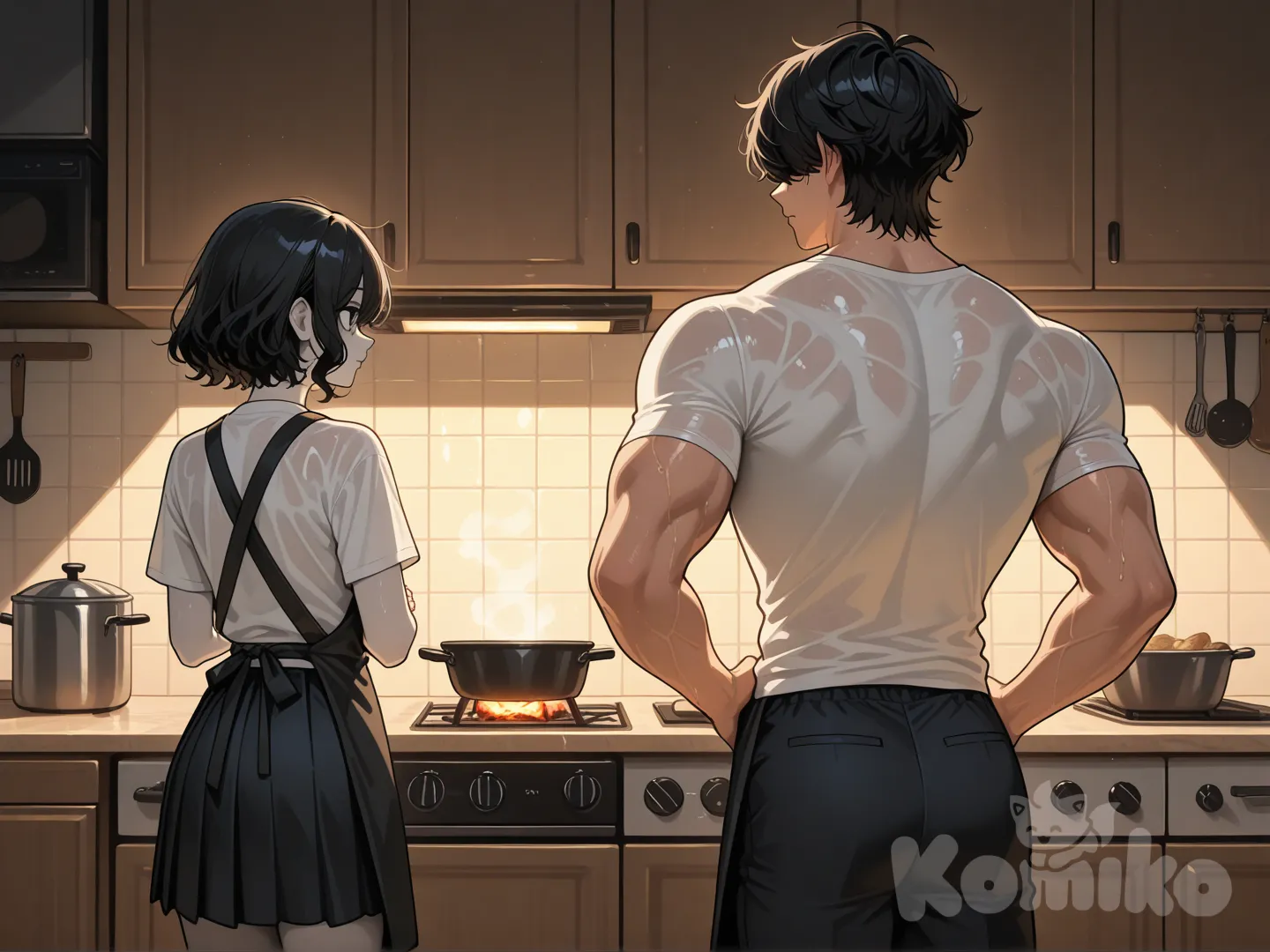 Dark seinen anime realism style, moody high-contrast lighting, smooth gradient shading, clean lineart. A tall athletic man with a naturally fit build: defined but not overly bulky muscles, broad shoulders, toned chest, visible but subtle muscle lines. Wearing a fitted white T-shirt and black pants. Messy wet-look medium-length black hair falling over his eyes, wavy and tousled. Sharp jawline, calm intense expression, pale skin, dramatic shadows. No tattoos. Cooking in an apron in the kitchen. girl with short straight hair, wearing skirt and shirt. The girl is lounging nearby. The girl watches carefree. Perspective where the subject is observed from behind.
Not to be confused with a hug from behind, grabbing from behind, or sex from behind.