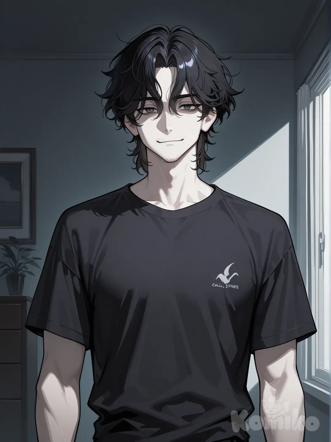 Dark seinen anime realism style, moody high-contrast lighting, smooth gradient shading, clean lineart. Sharp jawline, calm intense expression, pale skin, dramatic shadows. 
Male, 25-35, slim and muscular, dark wavy hair, stubble, sharp cheekbones.

Black shirt, minimalist, medium or long shot.

Against the background of the room. Smiling softly.