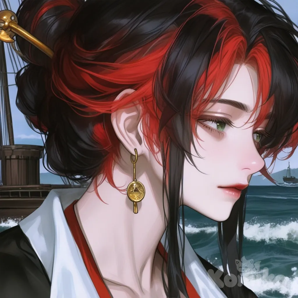 Mujer asiática de complexión atlética, cabello negro con un único mechon rojo recogido con un moño tradicional chino , rostro definido , pómulos realzados, ojos de tono verde esmeralda algo rasgados y con una sombra notable en cuanto a ojeras .

Lleva un arete en su oreja derecha , el arete tiene la forma de una moneda china del antiguo imperio chino antes de cristo.

La mujer es una pirata china a bordo de su barco , ella estará en la proa observando el mar con una expresión contemplativa., [semi-realistic-portrait-style]