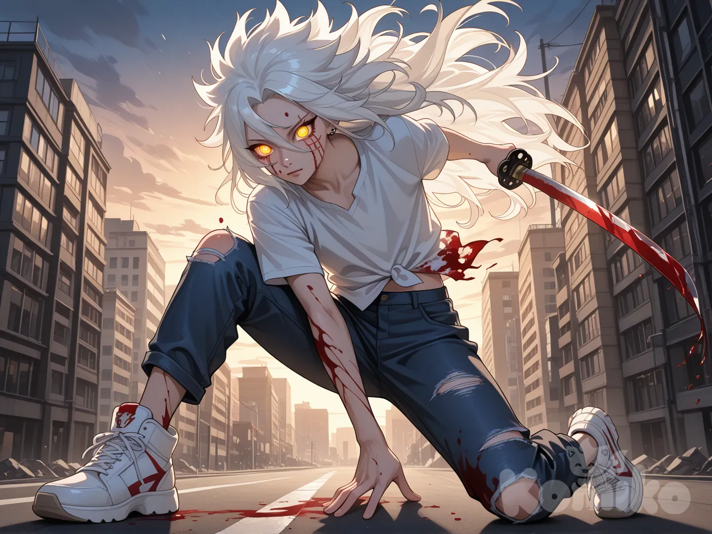 digital painting, concept art of an androgynous young man. Athletic, slender build. Sharp, delicate facial features with an ethereal beauty. Chaotic, wild, long pure white hair, styled dramatically like Madara Uchiha's. Piercing, large, glowing golden eyes (amber gold). He wears a loose-fitting, flowy white button-up shirt, slim-fit dark blue jeans, and pristine white minimalist sneakers. Dynamic pose with wind subtly moving his hair and shirt, standing in an urban environment at dusk. Dramatic cinematic backlighting rimming his white hair, combined with a soft key light on his face to highlight his golden eyes. Mysterious and elegant aura. Highly eyes, hair, and fabric textures. Style of next-gen anime mixed with realistic digital painting, trending on ArtStation, Unreal Engine 5 render..

, El sujeta con firmeza en su mano derecha una katana roja, el tiene la ropa rasgada y está bañado.en sangre .
