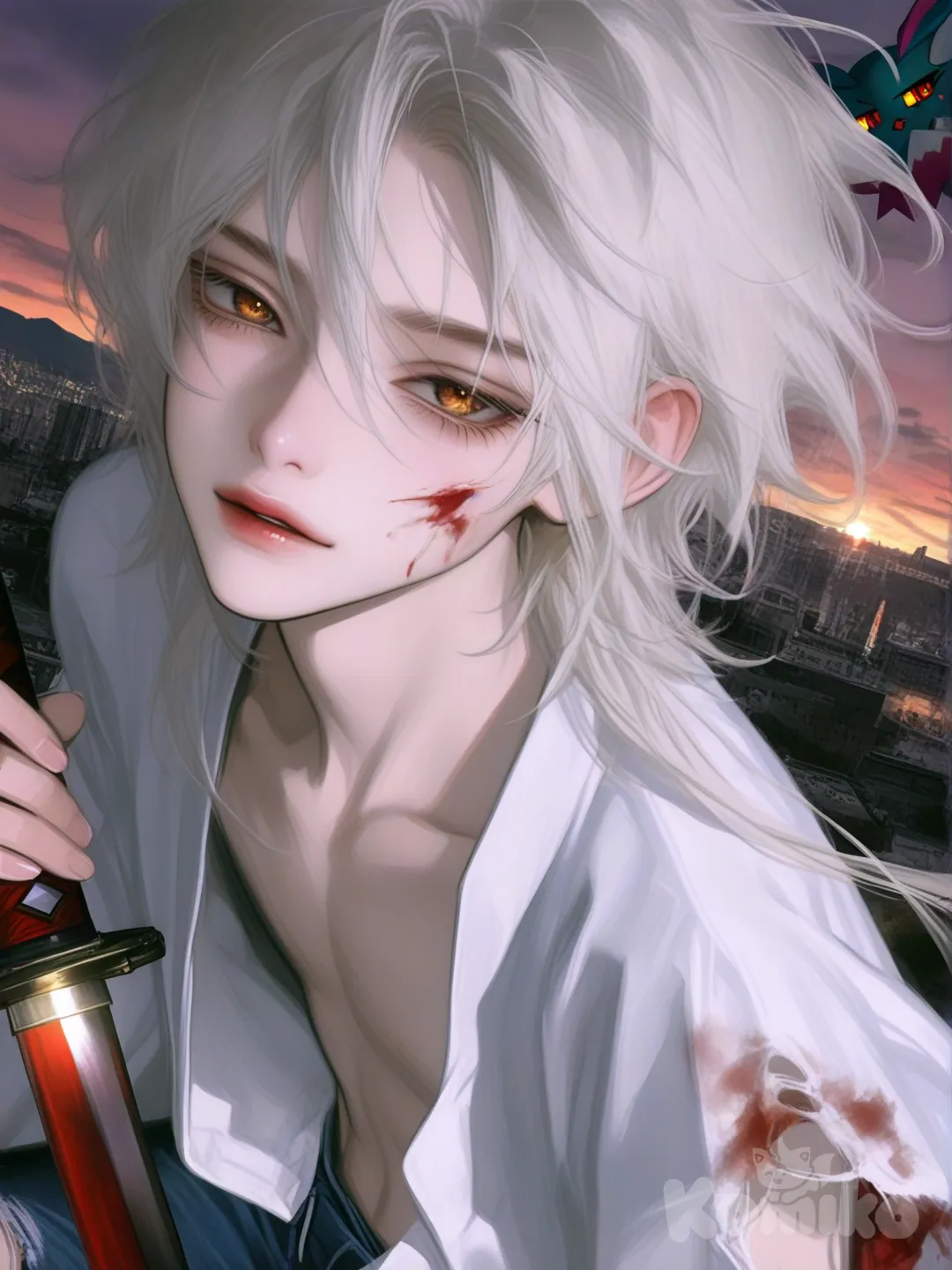 digital painting, concept art of an androgynous young man. Athletic, slender build. Sharp, delicate facial features with an ethereal beauty. Chaotic, wild, long pure white hair, styled dramatically like Madara Uchiha's. Piercing, large, glowing golden eyes (amber gold). He wears a loose-fitting, flowy white button-up shirt, slim-fit dark blue jeans, and pristine white minimalist sneakers. Dynamic pose with wind subtly moving his hair and shirt, standing in an urban environment at dusk. Dramatic cinematic backlighting rimming his white hair, combined with a soft key light on his face to highlight his golden eyes. Mysterious and elegant aura. Highly eyes, hair, and fabric textures. Style of next-gen anime mixed with realistic digital painting, trending on ArtStation, Unreal Engine 5 render..

, El sujeta con firmeza en su mano derecha una katana roja, el tiene la ropa rasgada y está bañado.en sangre ., [semi-realistic-portrait-style], upper body, looking at viewer