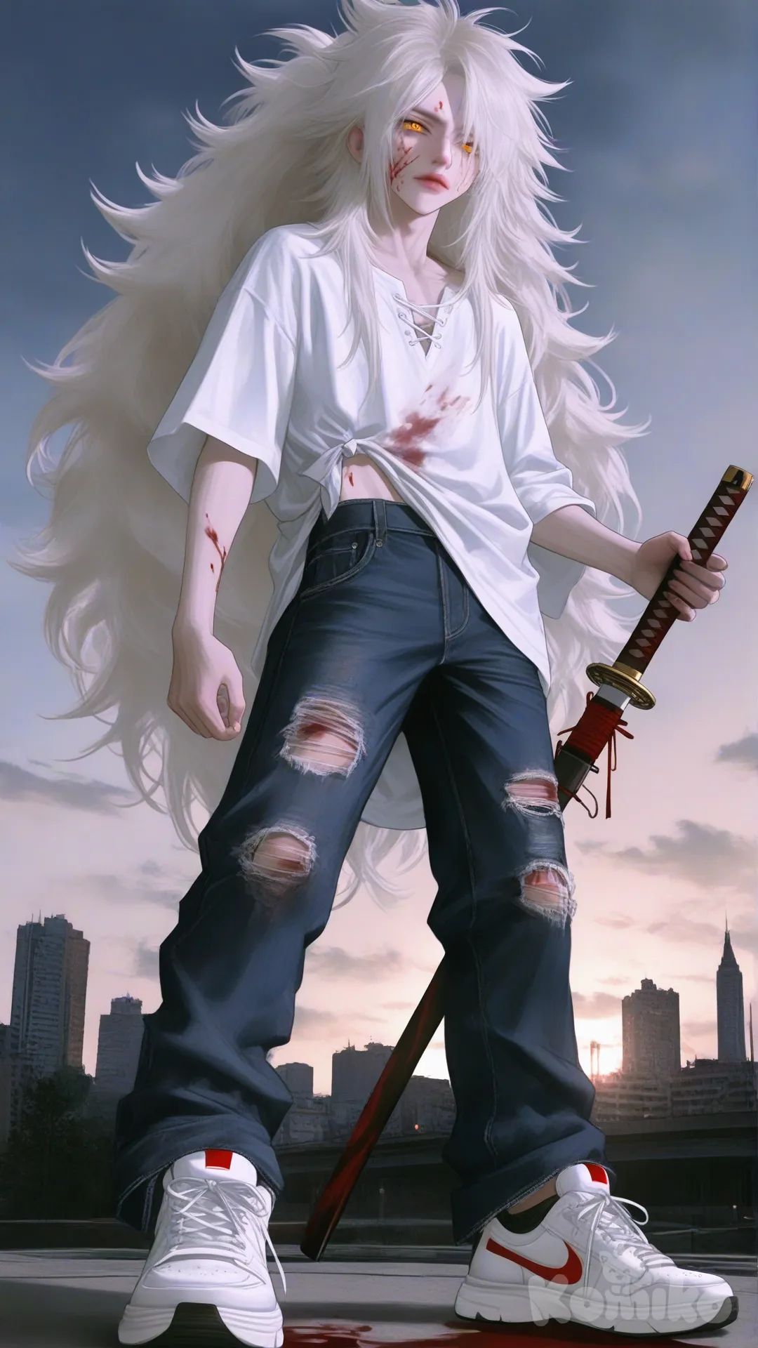 digital painting, concept art of an androgynous young man. Athletic, slender build. Sharp, delicate facial features with an ethereal beauty. Chaotic, wild, long pure white hair, styled dramatically like Madara Uchiha's. Piercing, large, glowing golden eyes (amber gold). He wears a loose-fitting, flowy white button-up shirt, slim-fit dark blue jeans, and pristine white minimalist sneakers. Dynamic pose with wind subtly moving his hair and shirt, standing in an urban environment at dusk. Dramatic cinematic backlighting rimming his white hair, combined with a soft key light on his face to highlight his golden eyes. Mysterious and elegant aura. Highly eyes, hair, and fabric textures. Style of next-gen anime mixed with realistic digital painting, trending on ArtStation, Unreal Engine 5 render..

, El sujeta con firmeza en su mano derecha una katana roja, el tiene la ropa rasgada y está bañado.en sangre ., [semi-realistic-portrait-style], from below, wide shot, full body