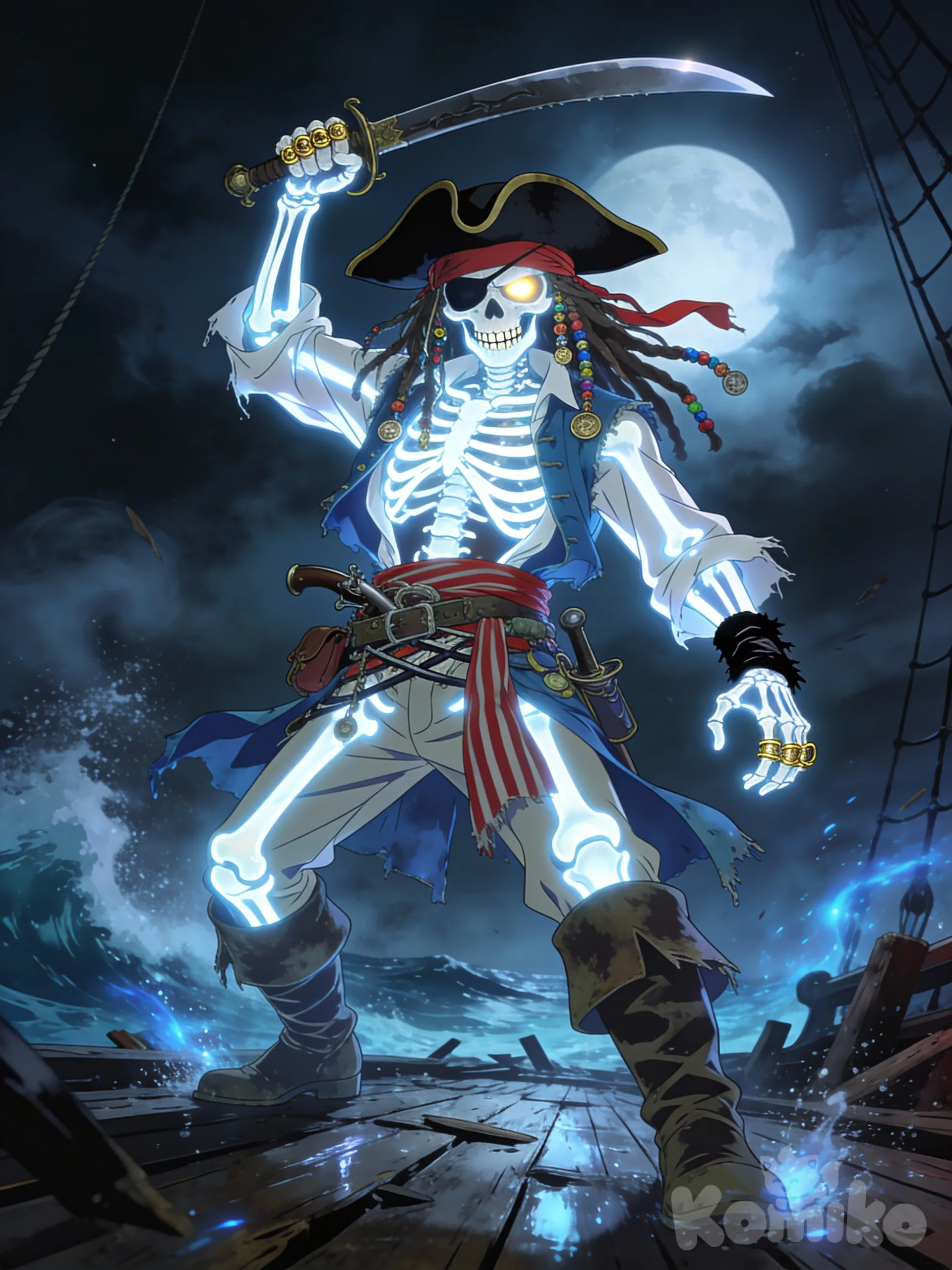 ultra-8K, cinematic, 9:16 aspect ratio, dynamic low-angle shot.

A full-body portrait of a skeletal Captain Jack Sparrow from Pirates of the Caribbean: The Curse of the Black Pearl. His entire body is a luminous, polished white skeleton, visible through his tattered pirate clothing. The skeleton is not static; it moves with Jack's characteristic lively and slightly drunken swagger, holding a menacing pirate cutlass in its right hand.

He wears his iconic outfit: a faded red bandana tied around his skull, a black tricorn hat perched askew, and long dreadlocks intertwined with beads and coins. A tattered white shirt and a faded blue waistcoat hang open over his ribcage. A striped red sash is tied around his waist, and he wears multiple belts with odd additions. His trousers are hard-wearing linen, tucked into tall sea boots. A shredded black wristband and several rings adorn his bony fingers.

He stands defiantly on the deck of the wrecked Black Pearl, surrounded by mist, sea spray, and the eerie glow of moonlight. The ship's timbers are broken and slick with moisture. His skeletal face, still shadowed by his hat, somehow conveys his signature expression: a mix of roguish charm, mild intoxication, and sharp cunning. The viewpoint is a powerful frontal low-angle, looking up at him as he looms over the viewer, ready for a fight.
