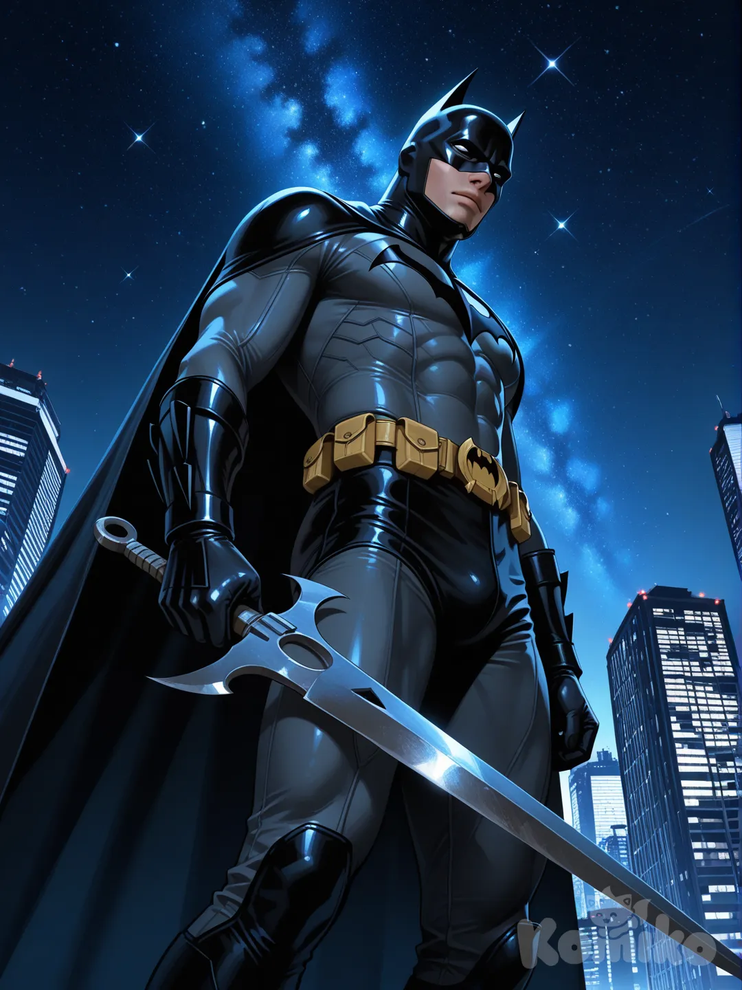 1boy, Batman photo, from below, top light, side light, starry sky, skyscraper, holding a batarang, expressionless