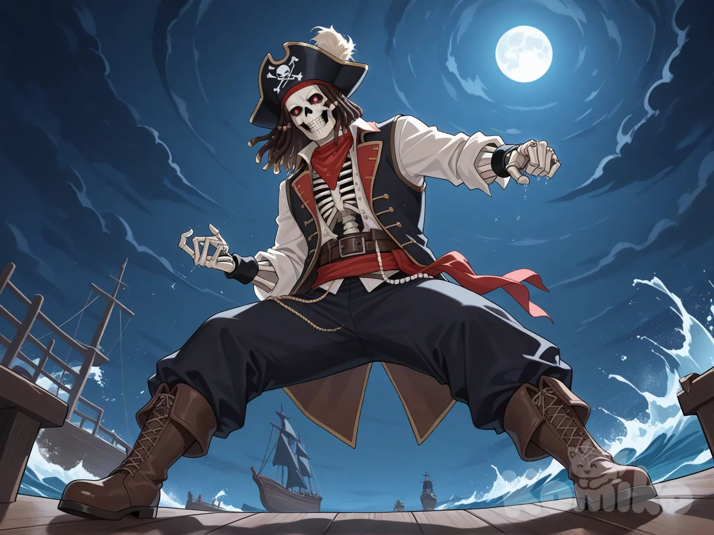 ultra-8K, cinematic, 9:16 aspect ratio, dynamic low-angle shot.

A full-body portrait of a skeletal Captain Jack Sparrow from Pirates of the Caribbean: The Curse of the Black Pearl. His entire body is a luminous, polished white skeleton, visible through his tattered pirate clothing. The skeleton is not static; it moves with Jack's characteristic lively and slightly drunken swagger, holding a menacing pirate cutlass in its right hand.

He wears his iconic outfit: a faded red bandana tied around his skull, a black tricorn hat perched askew, and long dreadlocks intertwined with beads and coins. A tattered white shirt and a faded blue waistcoat hang open over his ribcage. A striped red sash is tied around his waist, and he wears multiple belts with odd additions. His trousers are hard-wearing linen, tucked into tall sea boots. A shredded black wristband and several rings adorn his bony fingers.

He stands defiantly on the deck of the wrecked Black Pearl, surrounded by mist, sea spray, and the eerie glow of moonlight. The ship's timbers are broken and slick with moisture. His skeletal face, still shadowed by his hat, somehow conveys his signature expression: a mix of roguish charm, mild intoxication, and sharp cunning. The viewpoint is a powerful frontal low-angle, looking up at him as he looms over the viewer, ready for a fight.