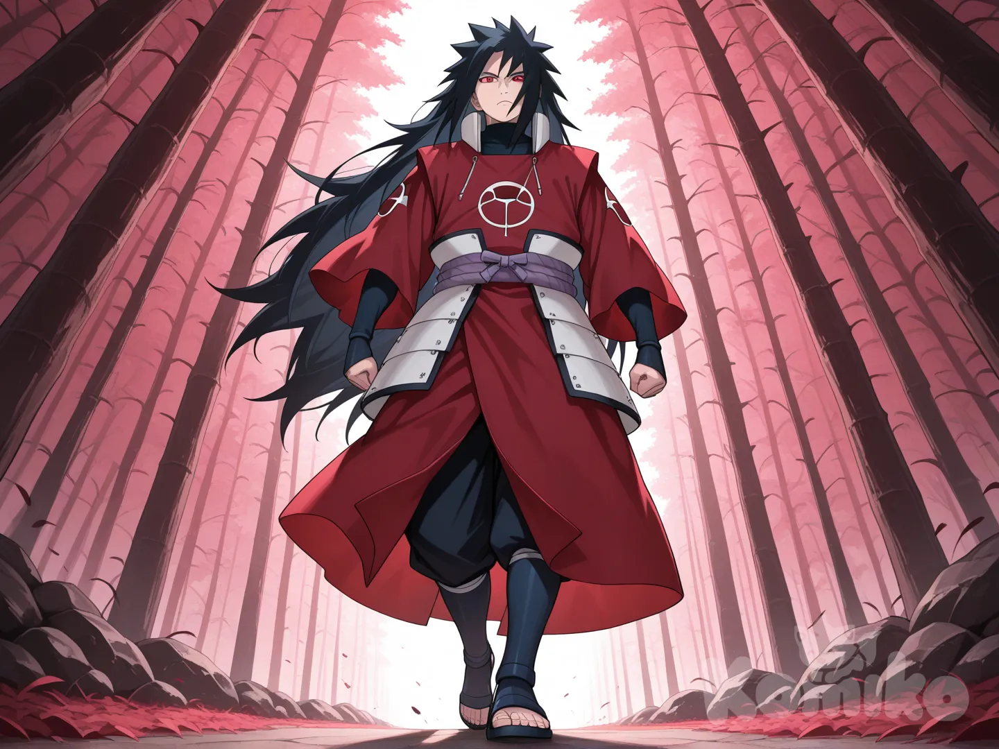 Ultra-8k, cinematográfico, relación de aspecto 9:16, toma dinámica desde un ángulo bajo.

Retrato de cuerpo entero de Madara adara Uchiha. El no es estático; se mueve con el característico andar recto y desafíante de los uchiha

La perspectiva es un potente ángulo frontal bajo, mirándolo mientras se cierne sobre el espectador, listo para la pelea.