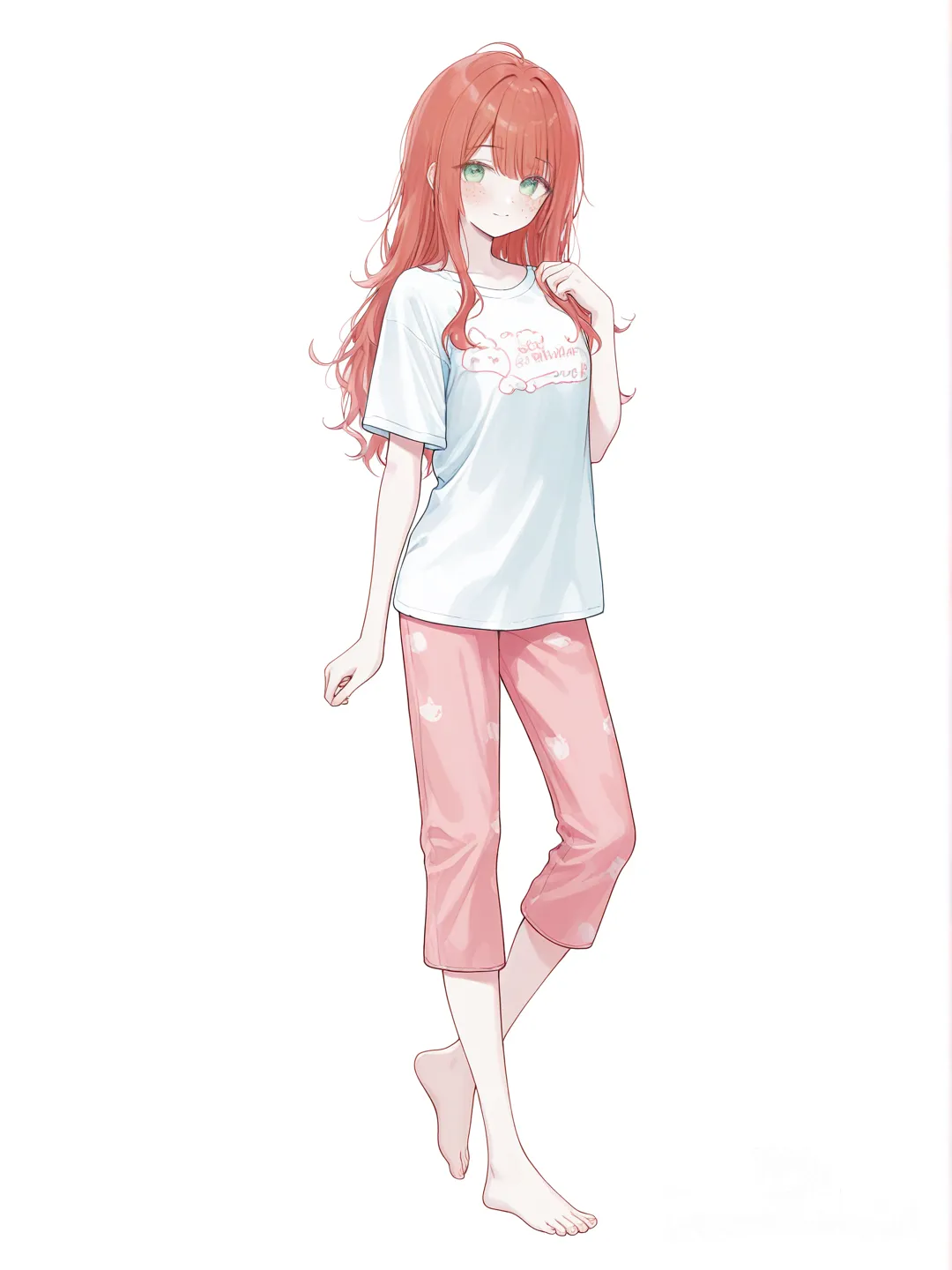[soft-pastel-style] 1girl, pastel_colors, mature_female, slim, red_hair, green_eyes, freckles, fair_skin, t-shirt, capri_pants, pajamas, ruffles, single_character, full_body, looking_at_viewer, anime_style, simple_background, white_background