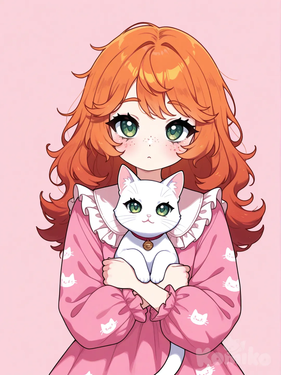 1girl orange hair green eyes freckles pink cutecore outfit with white cats