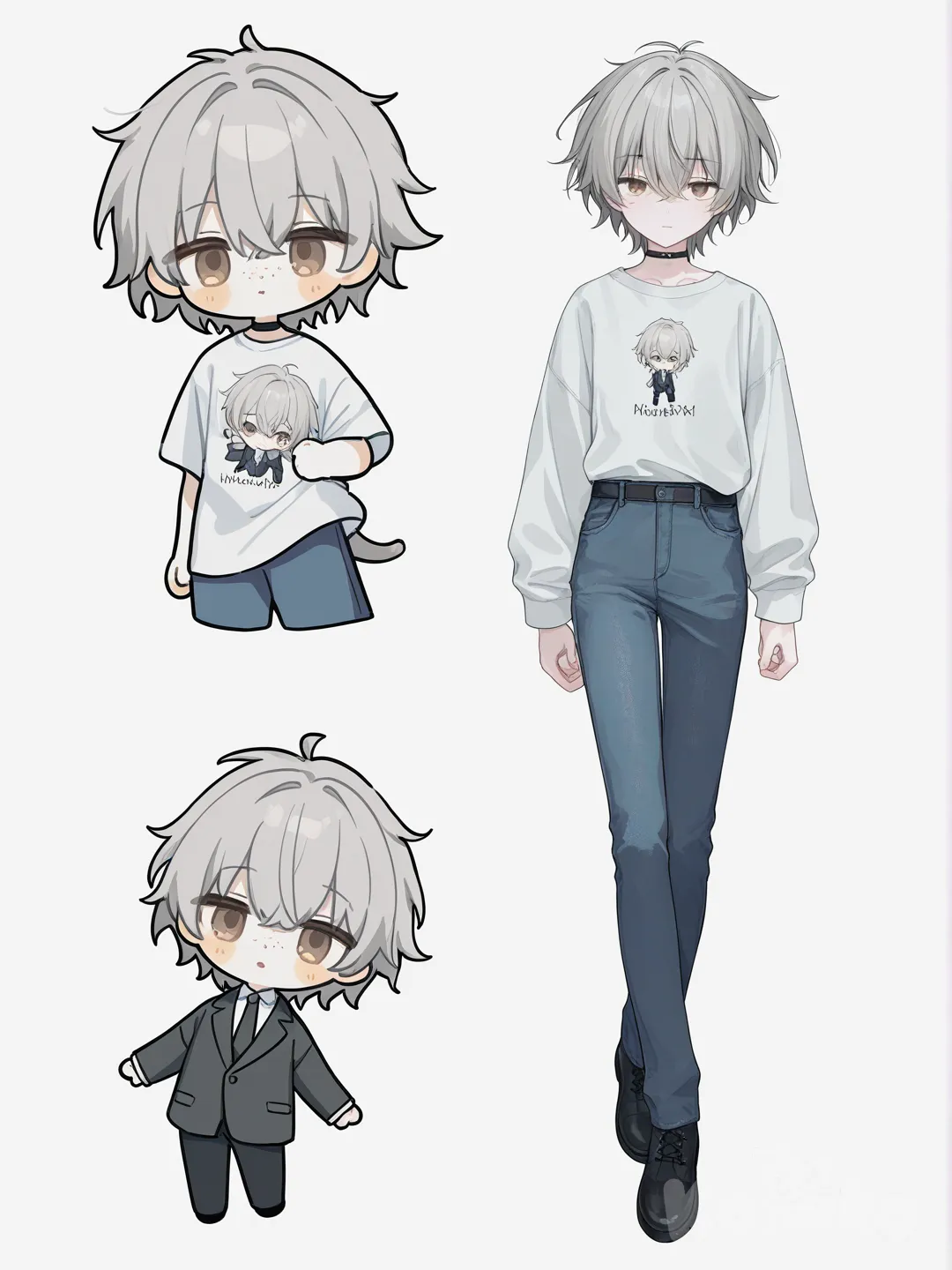 [soft-pastel-style] 1boy, furry, chibi, slim, gray hair, brown eyes, freckles, t-shirt, jeans, suit, ruffles, choker, single character, full body, looking at viewer, anime style, simple background, white background