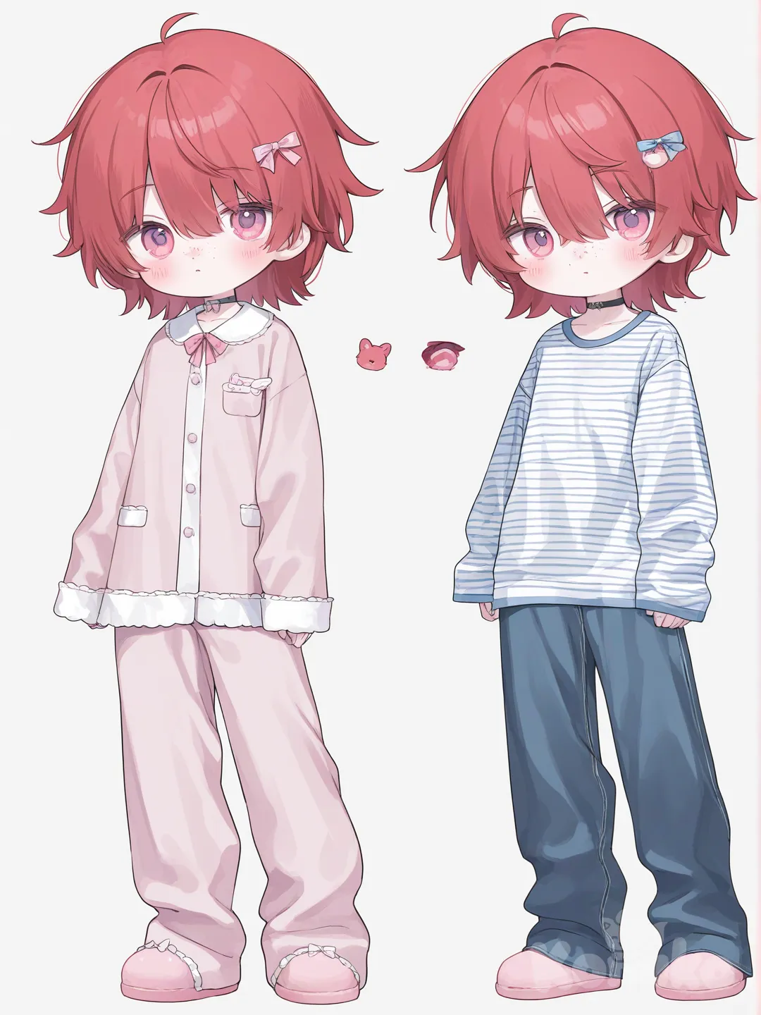 [soft-pastel-style] 1boy, furry, teenager, muscular, red hair, pink eyes, freckles, striped shirt, jeans, pajamas, ruffles, choker, bow tie, hair accessory, single character, full body, looking at viewer, anime style, simple background, white background