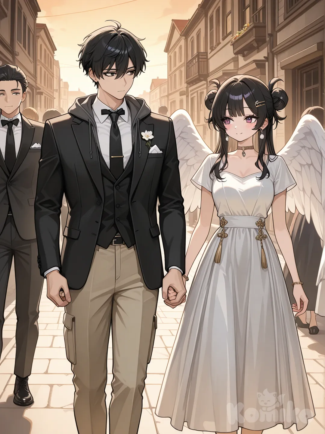 1boy, 1girl, 2people , t-shirt, cargo pants, evening dress, ruffles, earrings, choker, double buns, charcoal black, hoodie, casual pants, tuxedo, tassels, tie, hairpin, angle wings, man bun, khaki