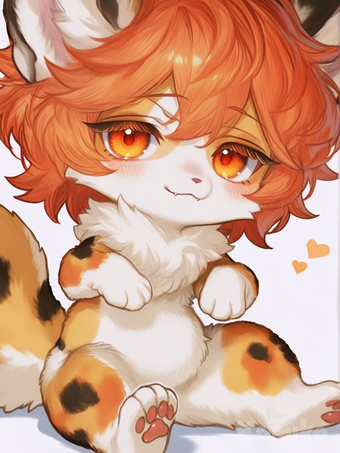 [semi-realistic-portrait-style] 1girl, light orange fur, orange spots, fluffy tail, white belly fur, white inner ears, orange hair, short hair, animal ears, paw pads, small fangs, two tone fur, orange eyes, blush, chibi, kemonomimi, fluffy body, thick thighs, single character, full body, looking at viewer, anime style, simple background, white background