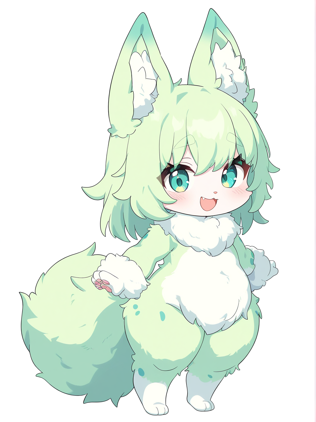 [bright-anime-style] 2girls, furry, anthropomorphic, light blue-green fur, blue-green spots, fluffy tail, white belly fur, white inner ears, blue-green hair, short hair, animal ears, paw pads, small fangs, two_tone_fur, blue-green eyes, blush, chibi, kemonomimi, fluffy body, humanoid animal, light fur, thick thighs, full body, looking at viewer, anime style, simple background, white background