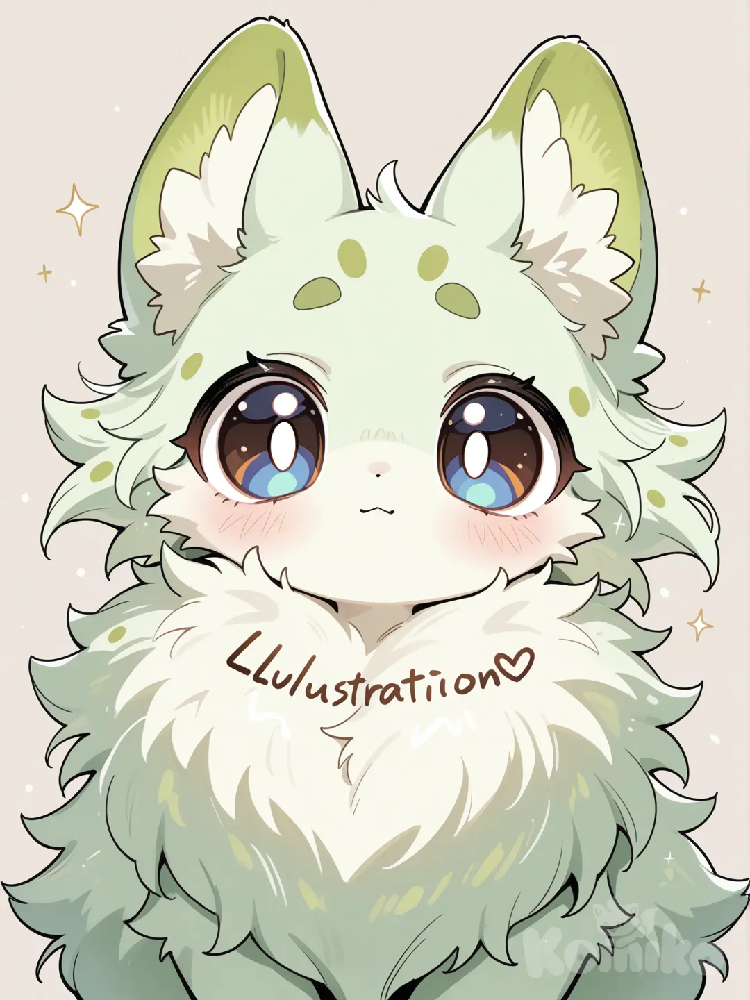 Furry cute drawing and light green fur and green spots