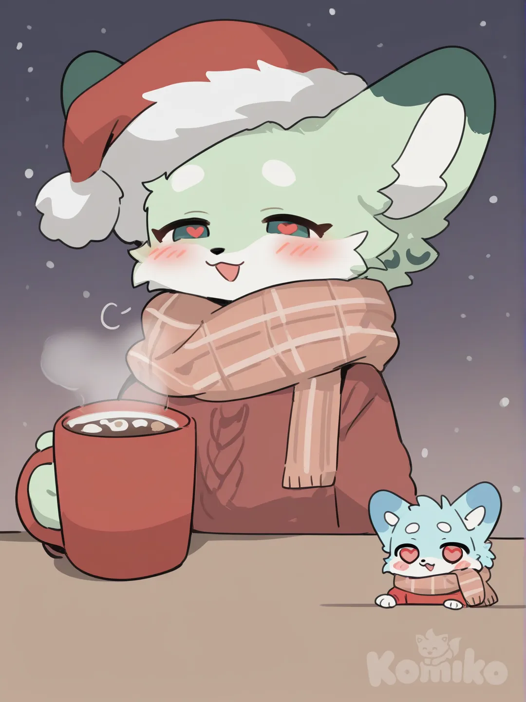 Furry cute drawing and light blue fur and blue spots Furry2 light green fur and green spots cute chibi in Christmas clothes holding hot chocolate , [soft-furry-style]