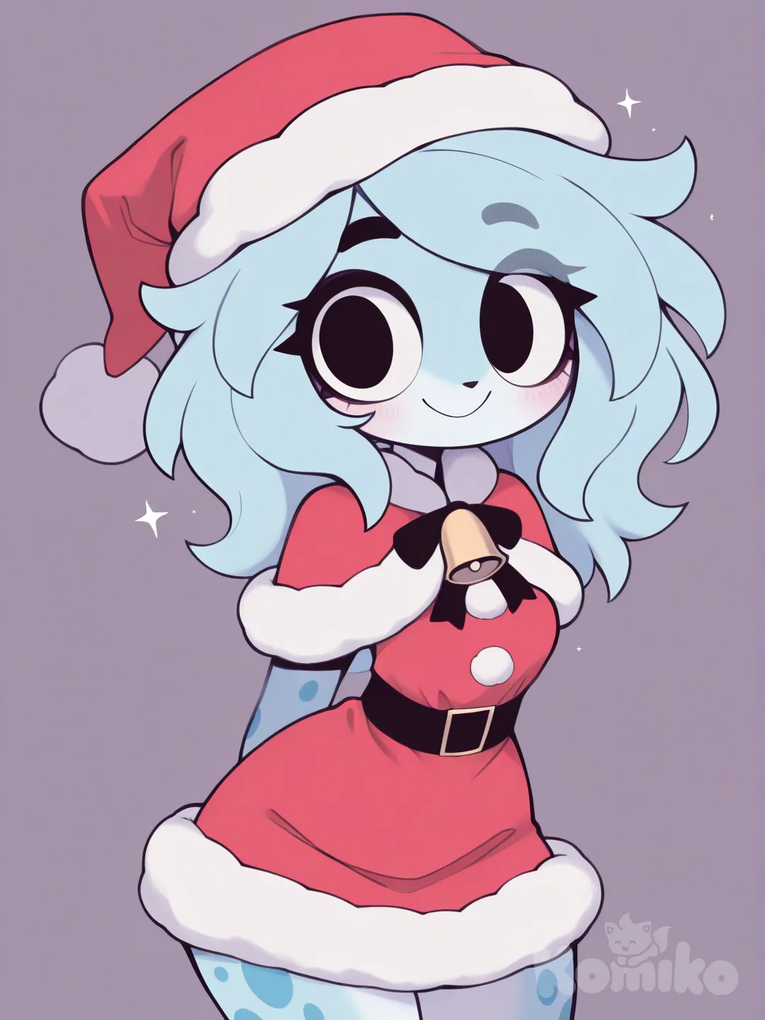 Furry cute drawing and light blue fur and blue spots in chirstmas clothing , [pop-toon-style]
