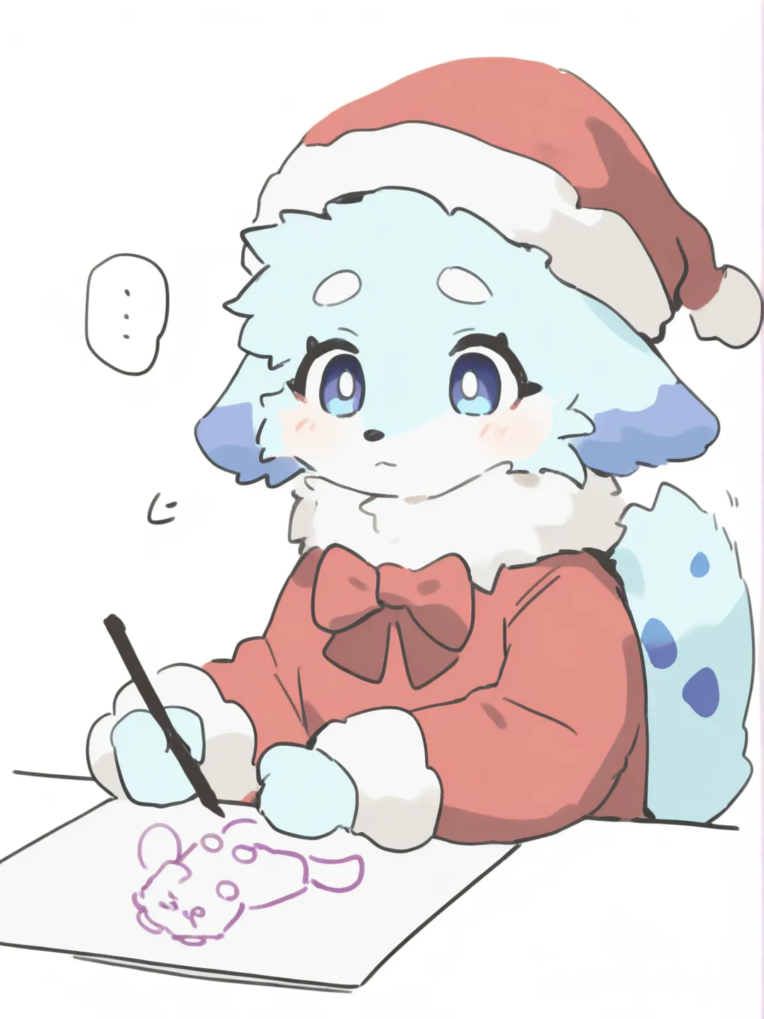 Furry cute drawing and light blue fur and blue spots in chirstmas clothing, [soft-furry-style]