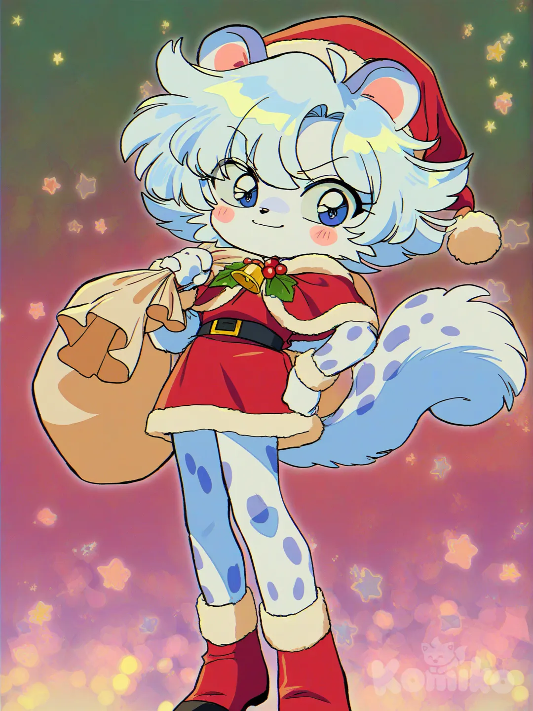 Furry cute drawing and light blue fur and blue spots in chirstmas clothing , [90s-shojo-style]