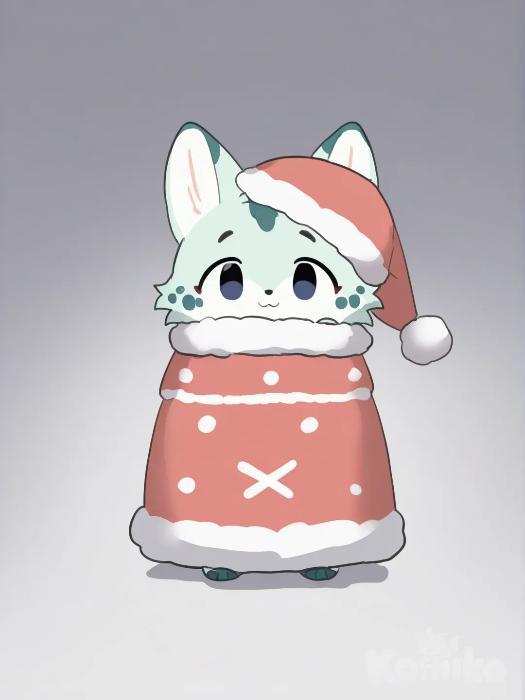 Furry cute drawing and light blue fur and blue spotsfurry cute drawing and light gren fur and green spots in chirstmas clothing , [soft-furry-style]