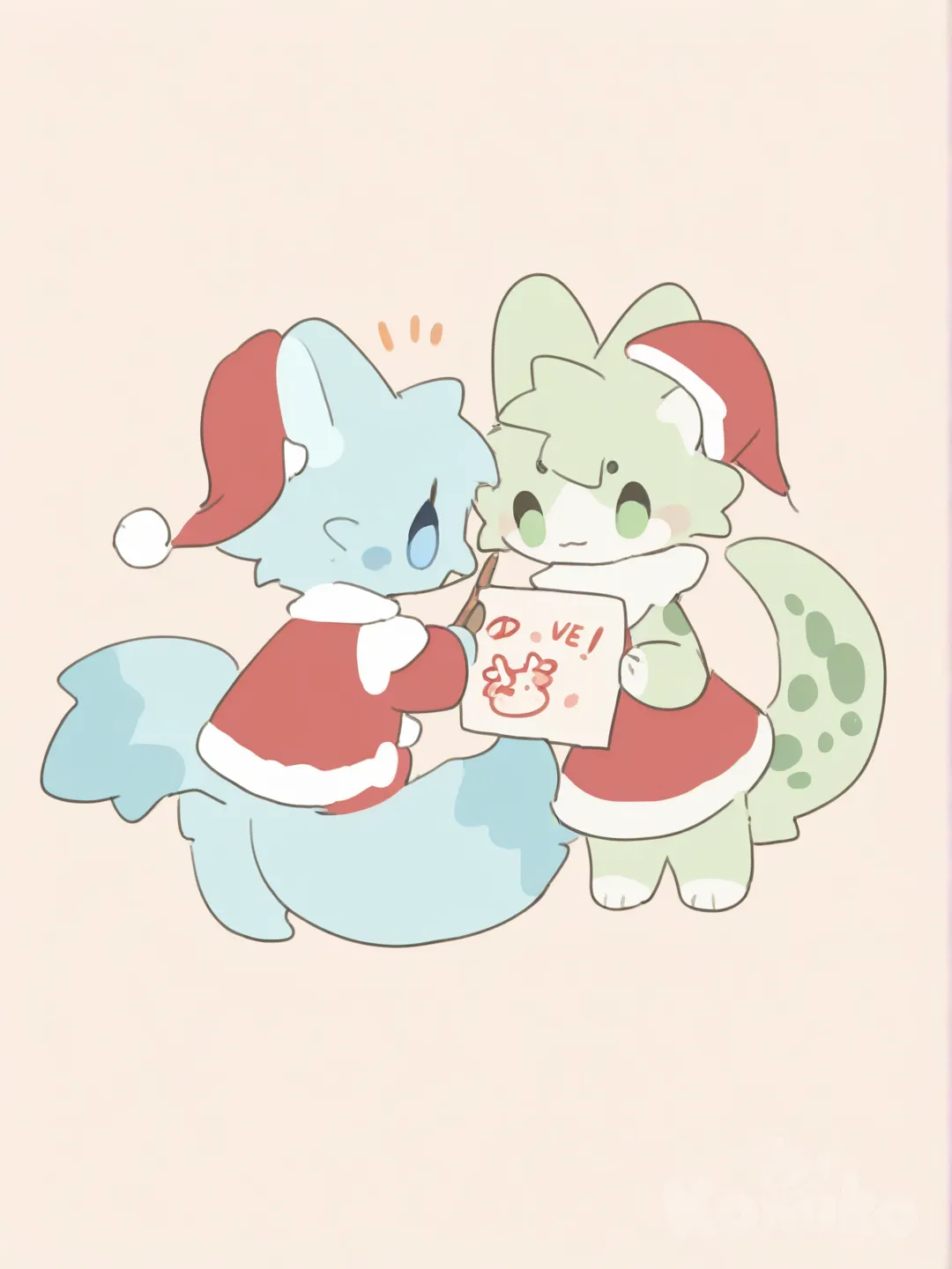 Furry cute drawing and light blue fur and blue spots other furry cute drawing light green fur and green spots in chirstmas clothing , [soft-furry-style]