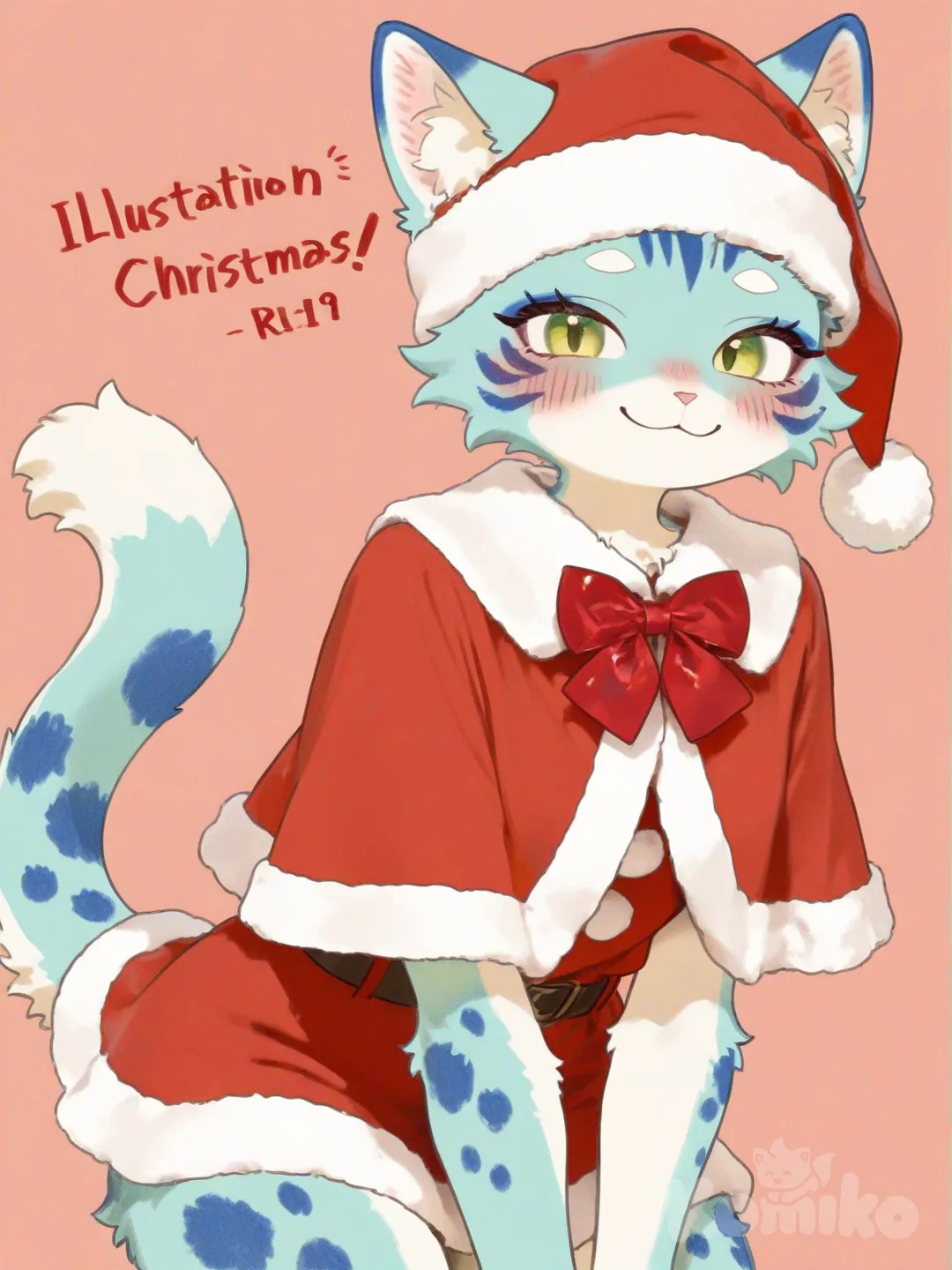 Furry cute drawing with cat ears and light blue fur and blue spots in chirstmas clothing , [sensual-glossy-style]