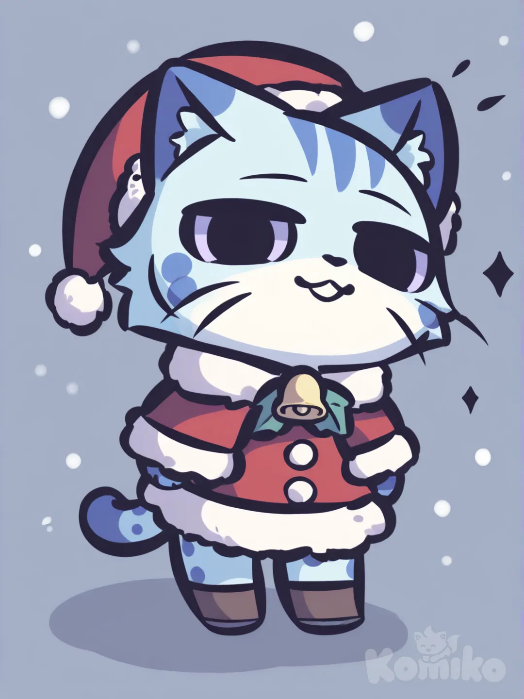 Furry cute drawing with cat ears and light blue fur and blue spots in chirstmas clothing , [vintage-chibi-style]