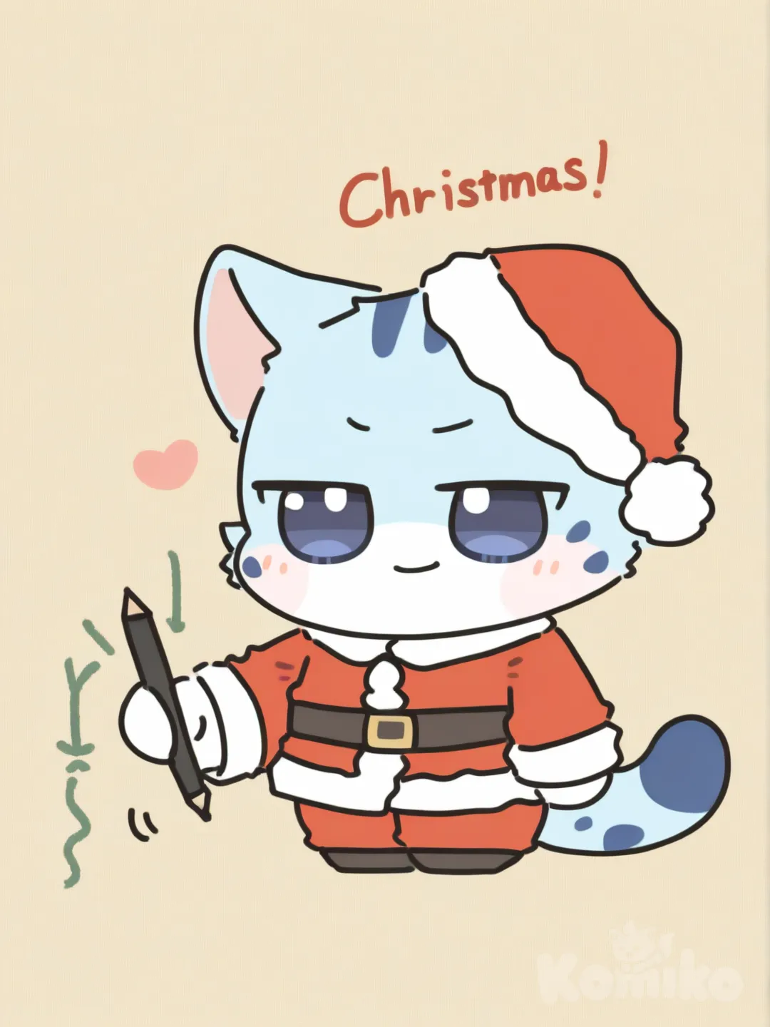 Furry cute drawing with cat ears and light blue fur and blue spots in chirstmas clothing , [soft-chibi-style]