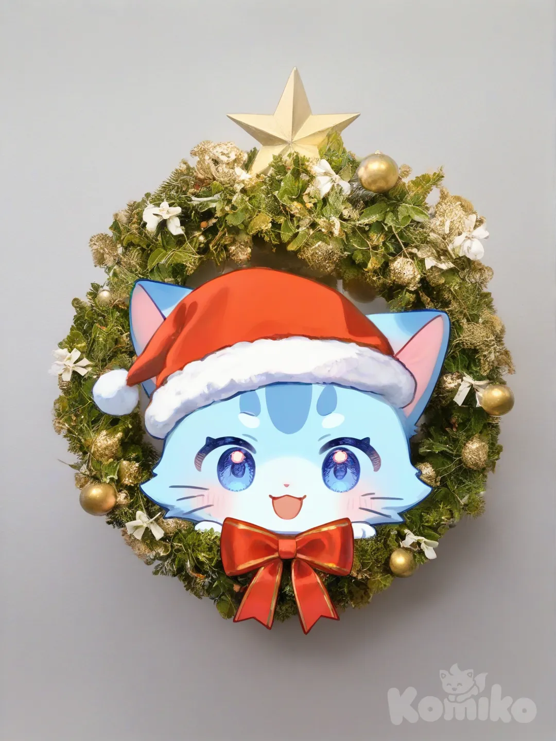 Furry cute drawing with cat ears and light blue fur and blue spots in chirstmas clothing , [moody-glow-style]
