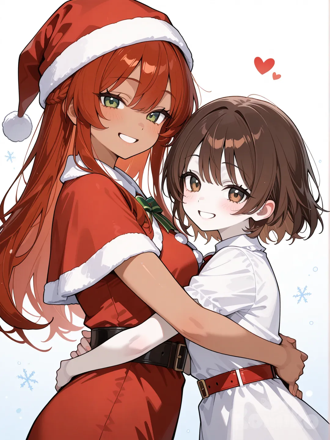 Red hair, green eyes, pale skin, brown hair, brown eyes, pale tan skin in Christmas clothing hugging , [glossy-anime-style]