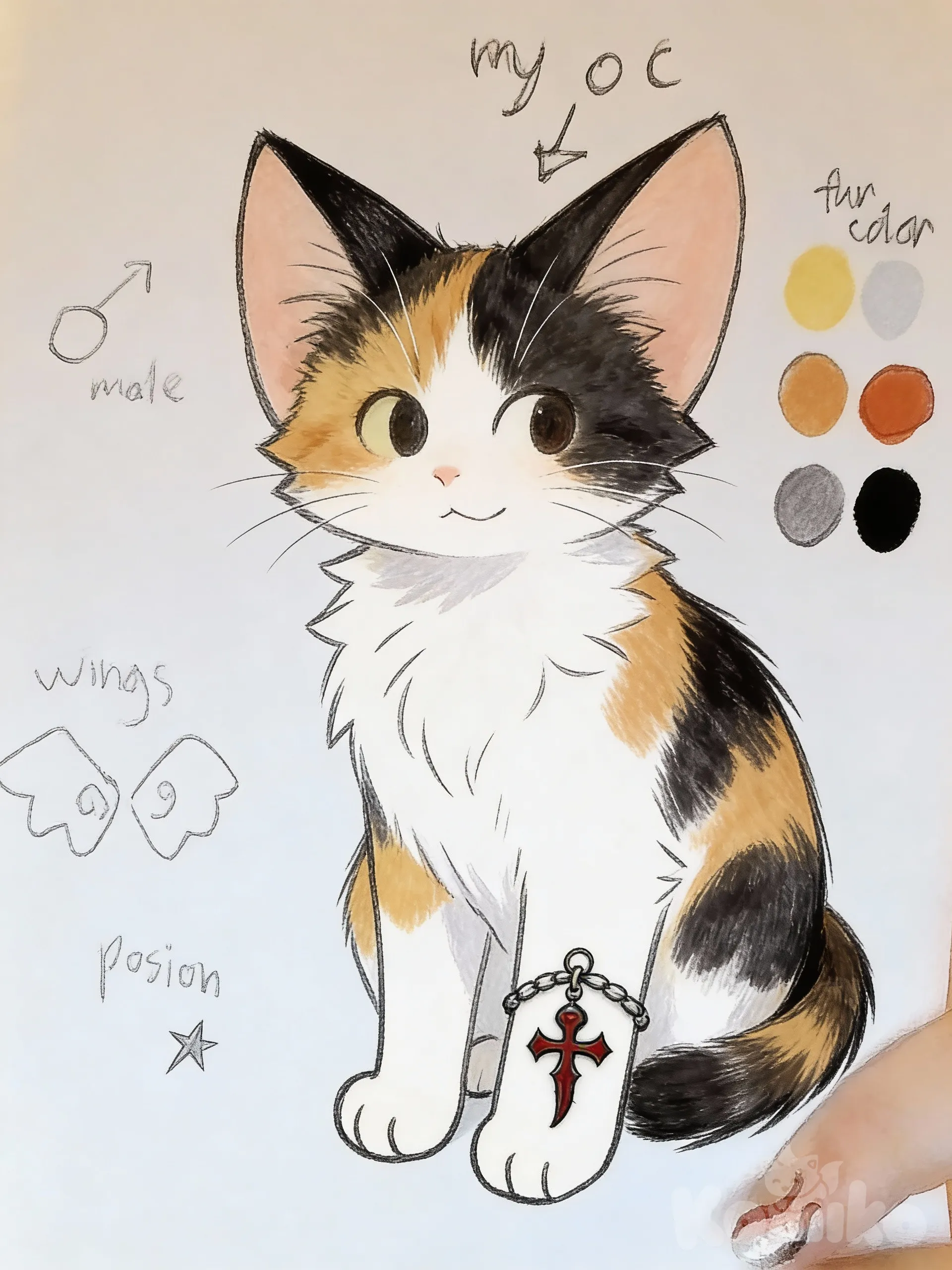 cute furry drawing calico posion charm on its leg