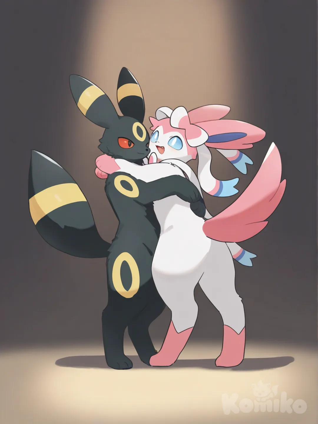 sylveon and umbereon hugging , [soft-furry-style]