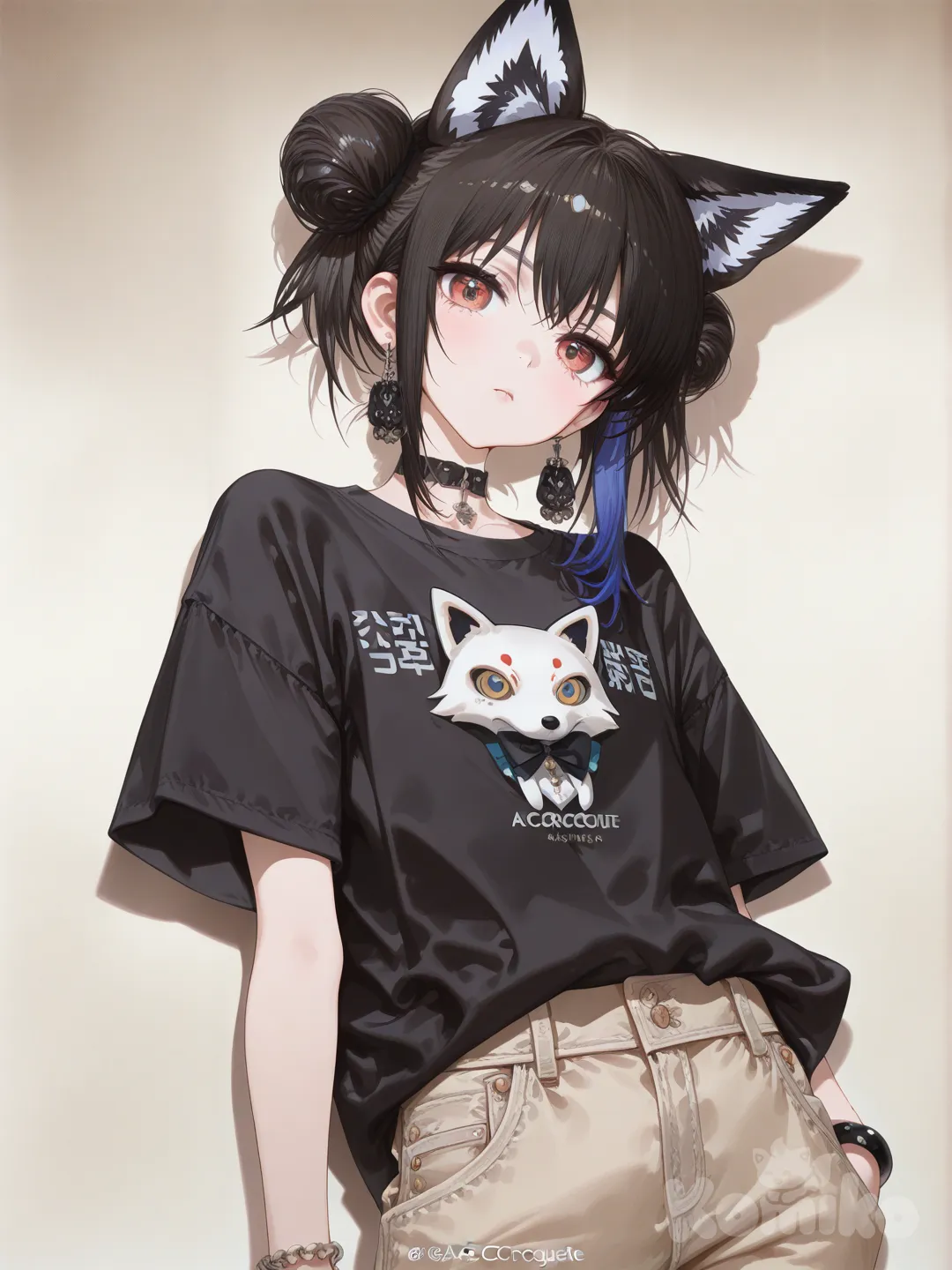 Cute drawing , khaki , double buns, earrings, bracelet, fox ears, ruffles, jeans, t-shirt emo goth , [high-gloss-illustration-style]