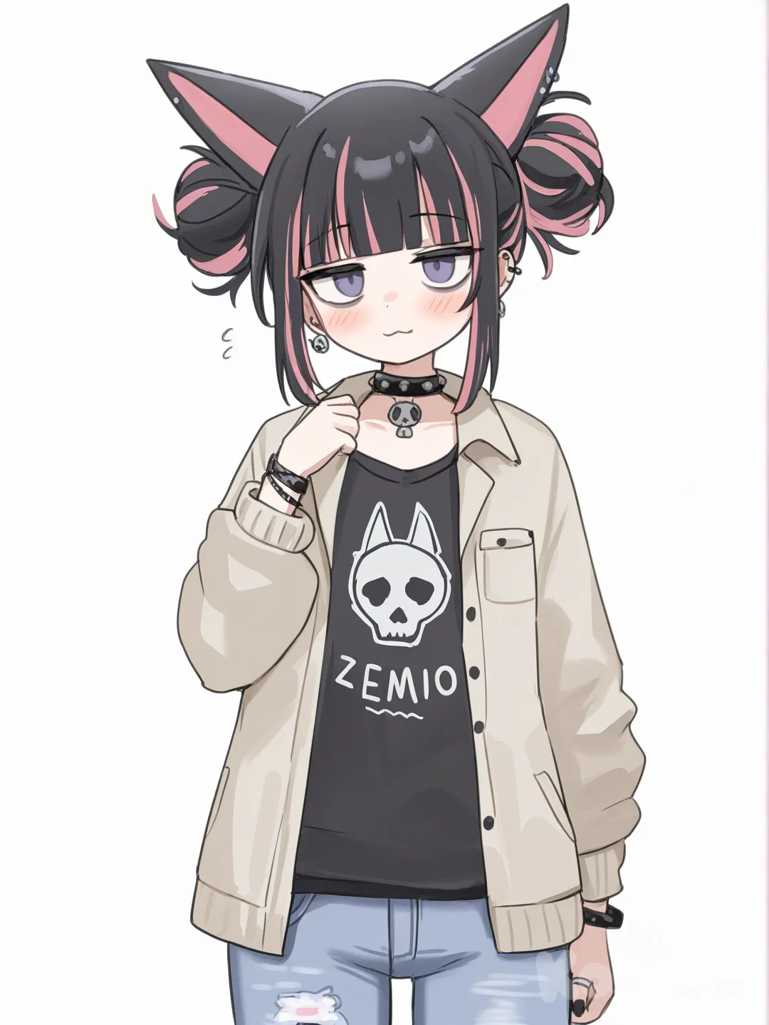 Cute drawing , khaki , double buns, earrings, bracelet, fox ears, ruffles, jeans, t-shirt emo goth , [soft-furry-style]