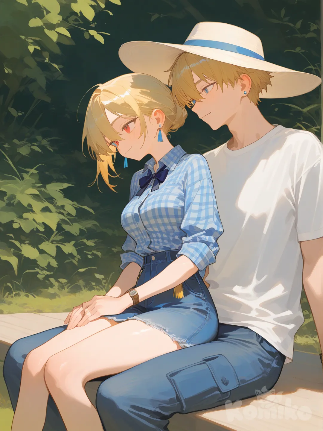 2people, sitting on lap, female, t-shirt, jeans, ruffles, earrings, sun hat, blonde hair, male, plaid shirt, cargo pants, tassels, bow tie, klein blue , [soft-shading-style]