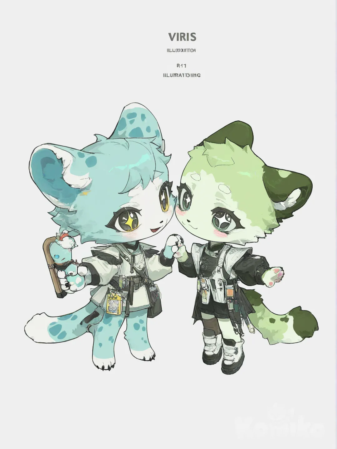 cute furry drawing light blue fur and blue spots and other furry with light green fur and green spots , [desaturated-illustration-style]