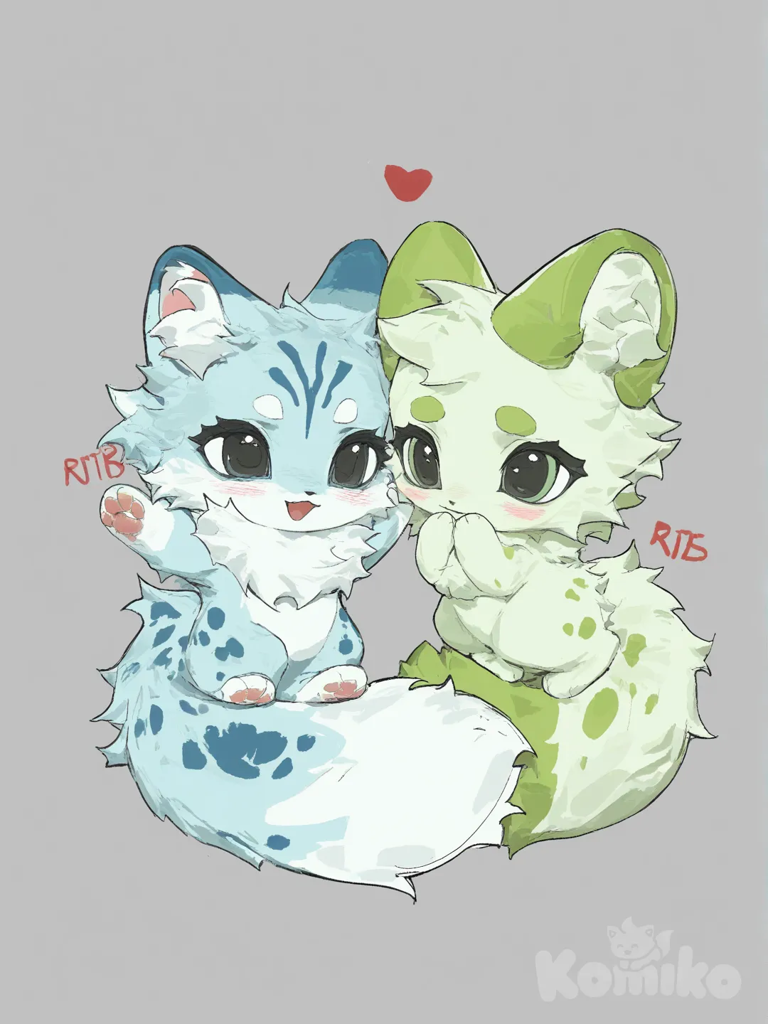 cute furry drawing light blue fur and blue spots and other furry with light green fur and green spots , [desaturated-illustration-style]