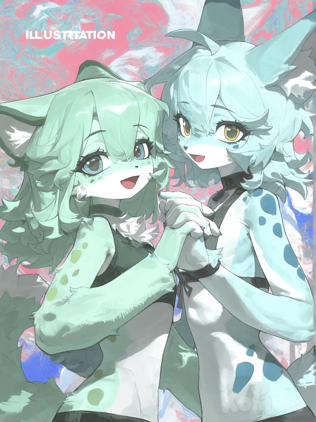 cute furry drawing light blue fur and blue spots and other furry with light green fur and green spots , [desaturated-illustration-style]