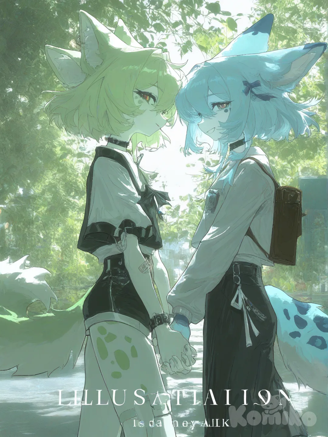 cute furry drawing light blue fur and blue spots and other furry with light green fur and green spots , [desaturated-illustration-style]