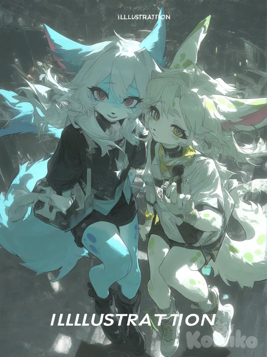 cute furry drawing light blue fur and blue spots and other furry with light green fur and green spots , [desaturated-illustration-style]