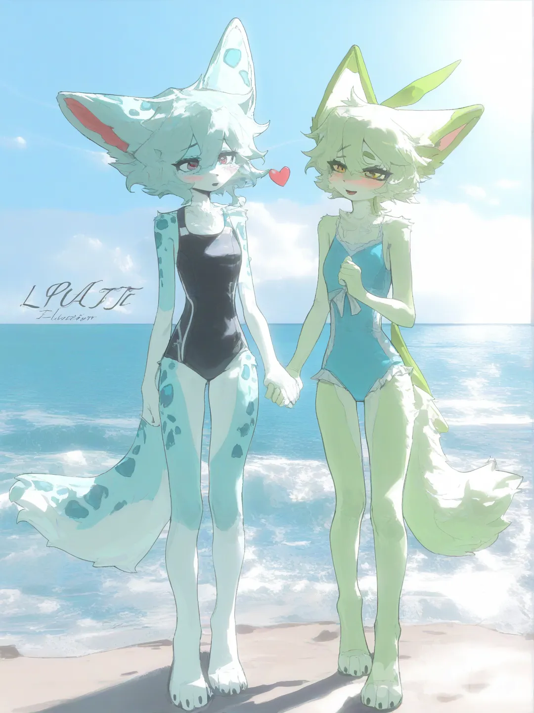 cute furry drawing light blue fur and blue spots and other furry with light green fur and green spots in a swimsuit dating at the beach , [desaturated-illustration-style]