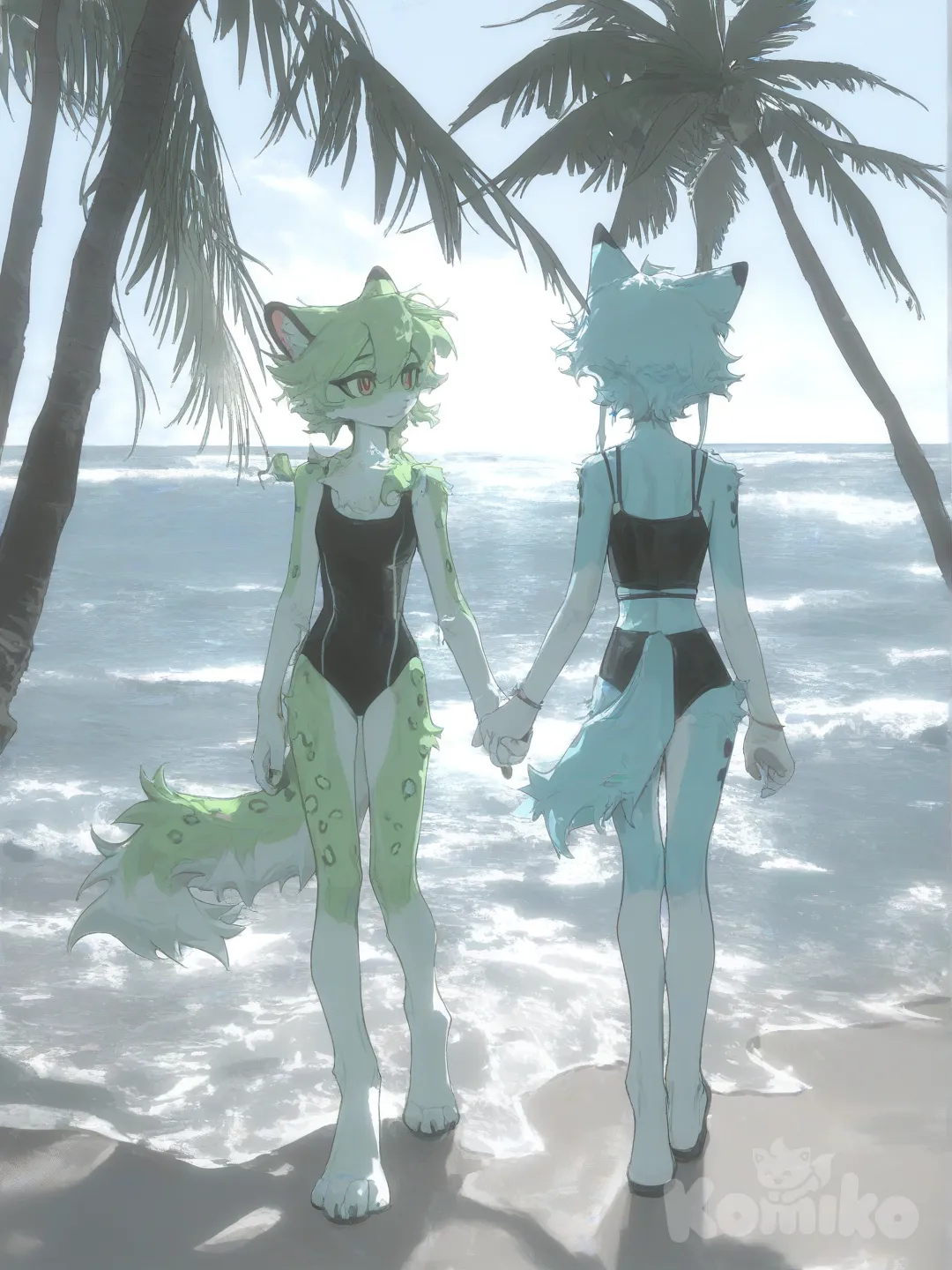 cute furry drawing light blue fur and blue spots and other furry with light green fur and green spots in a swimsuit dating at the beach , [desaturated-illustration-style]
