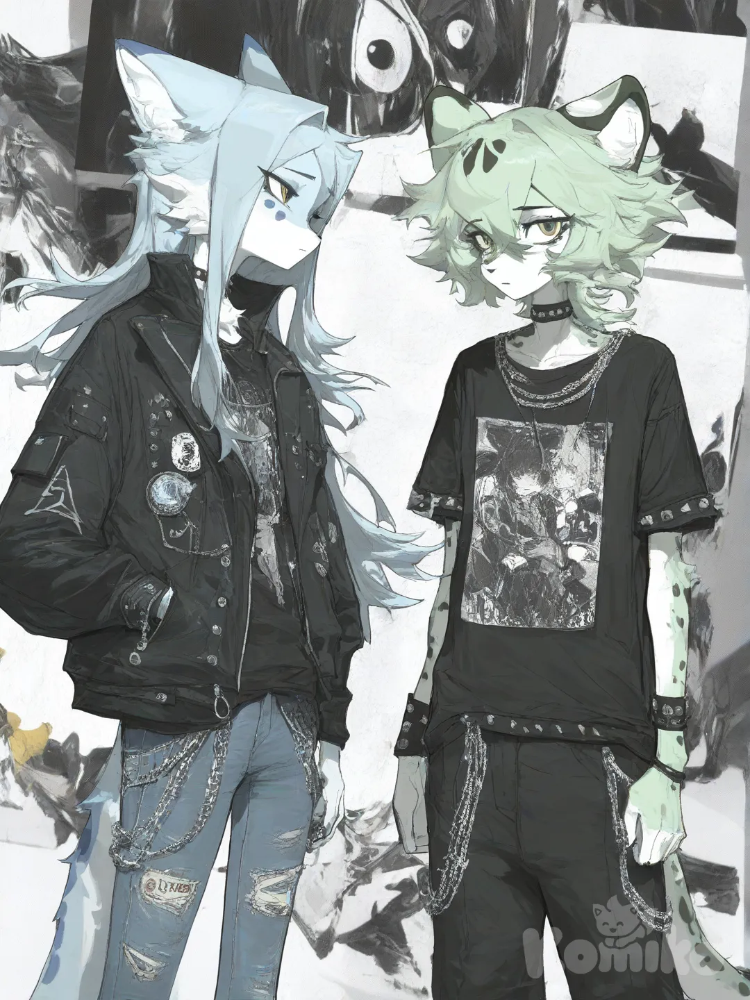cute furry drawing light blue fur and blue spots and other furry with light green fur and green spots in emo outfits, [desaturated-illustration-style]