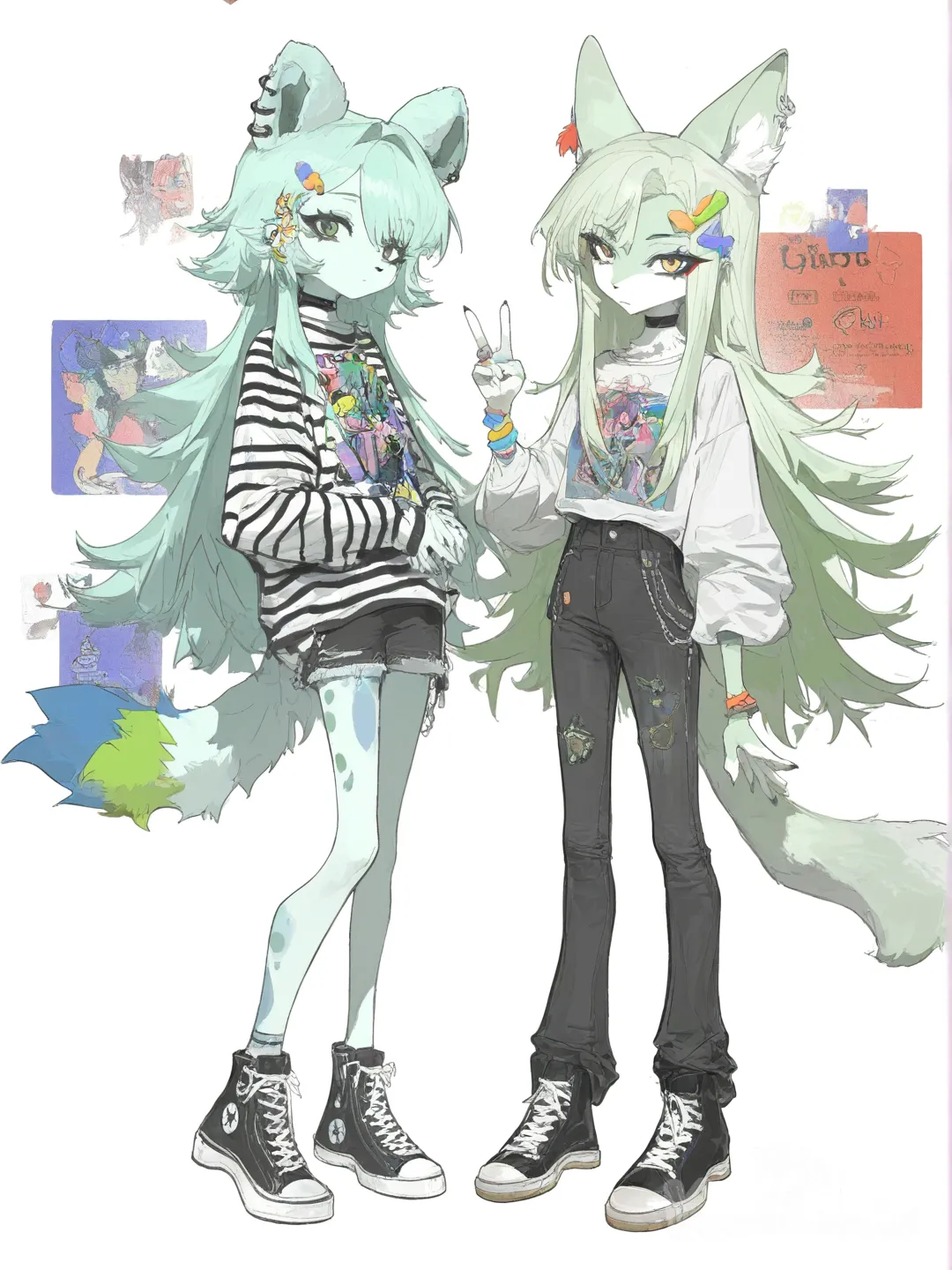 cute furry drawing light blue fur and blue spots and other furry with light green fur and green spots in scenekid outfits, [desaturated-illustration-style]