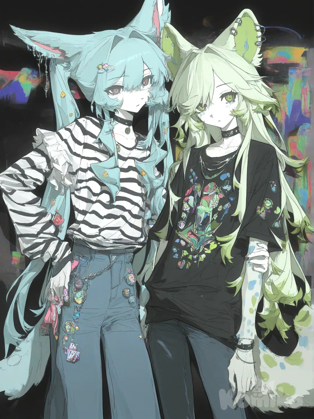 cute furry drawing light blue fur and blue spots and other furry with light green fur and green spots in scenekid outfits, [desaturated-illustration-style]